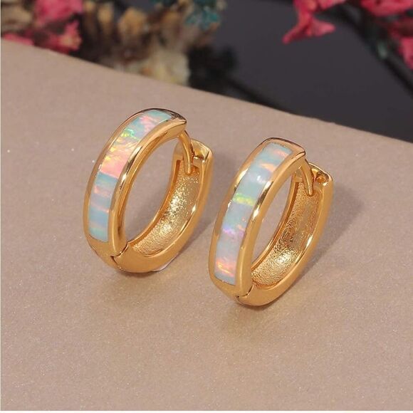 14K Yellow Gold with Genuine White Fire Opal Huggie Hoop Snap Hinge Earrings - Picture 2 of 4